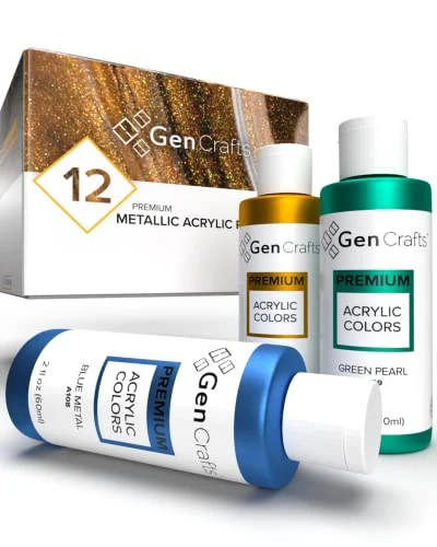 41rm6d7VnWL.jpg GenCrafts Metallic Acrylic Pouring Paint - Set of 12 Metallic Colors - Pre-Mixed High Flow & Ready to Pour - 2 oz./ 59 ml Bottles - Multi-Purpose Paints for Canvas & Paper, Rocks, Wood and More - Image 1