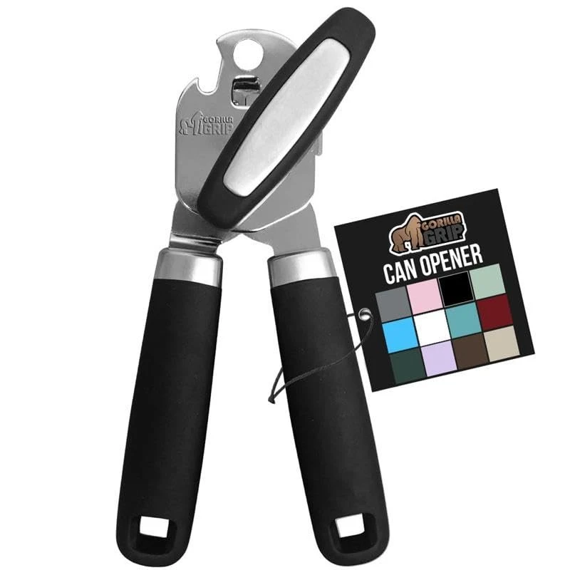 51Fr18ze6FL.jpg GORILLA GRIP Heavy Duty Stainless Steel Smooth Edge Manual Can Opener and Bottle Openers, Soft Comfortable Handle, Oversized Handheld Turn Knob, US Designed Multifunctional Kitchen Tool, Black - Image 1