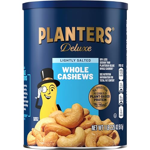 Version 1.0.0 PLANTERS Deluxe Lightly Salted Whole Cashews, Party Snacks, Plant-Based Protein, Quick Snack for Adults, After School Snack, Roasted Cashew, Flavored with Sea Salt, Kosher, 1lb 2.25oz Canister - Image 1
