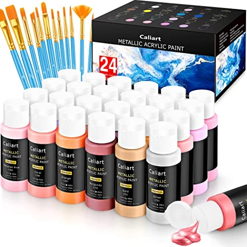 51dOjgrCUVL.jpg Caliart Metallic Acrylic Paint Set with 12 Brushes, 24 Colors (59ml, 2oz) Art Craft Paints for Artists Students Kids Beginners, Halloween Decorations Canvas Ceramic Wood Rock Painting Art Supplies Kit - Image 1