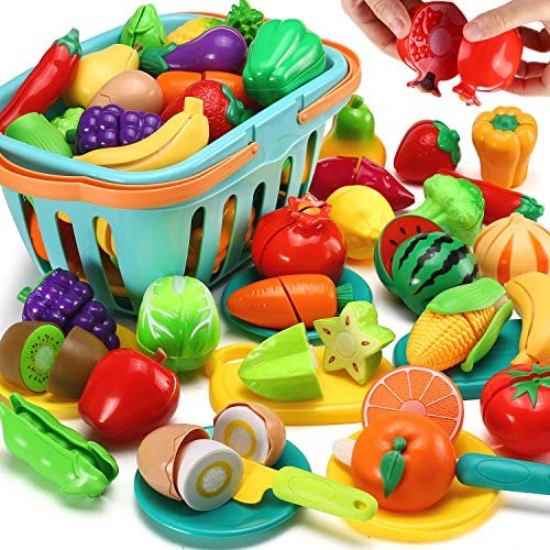 51dv3X0fHTL.jpg 70 PCS Cutting Play Food Toy for Kids Kitchen, Pretend Fruit &Vegetables Accessories with Shopping Storage Basket, Plastic Mini Dishes and Knife, Educational Toy for Toddler Children Birthday Gift - Image 1
