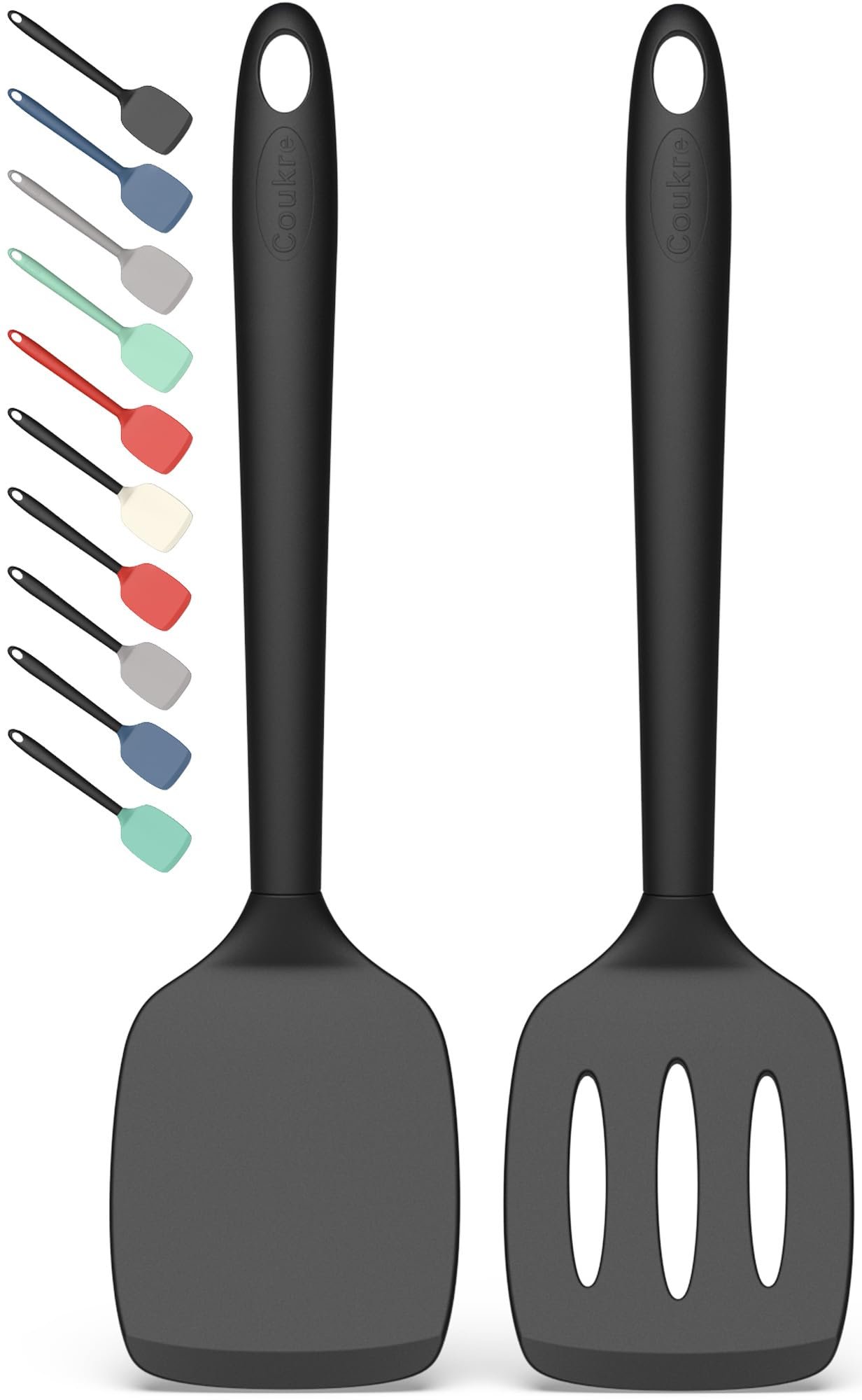 61lTn4NxYmL.jpg Coukre 2 Pack Silicone Spatula Set, High Heat Resistant, BPA Free Kitchen Spatula, Solid & Slotted Turner for Non-Stick Pans, Sautéing, and Flipping (2, PureBlack) - Image 1