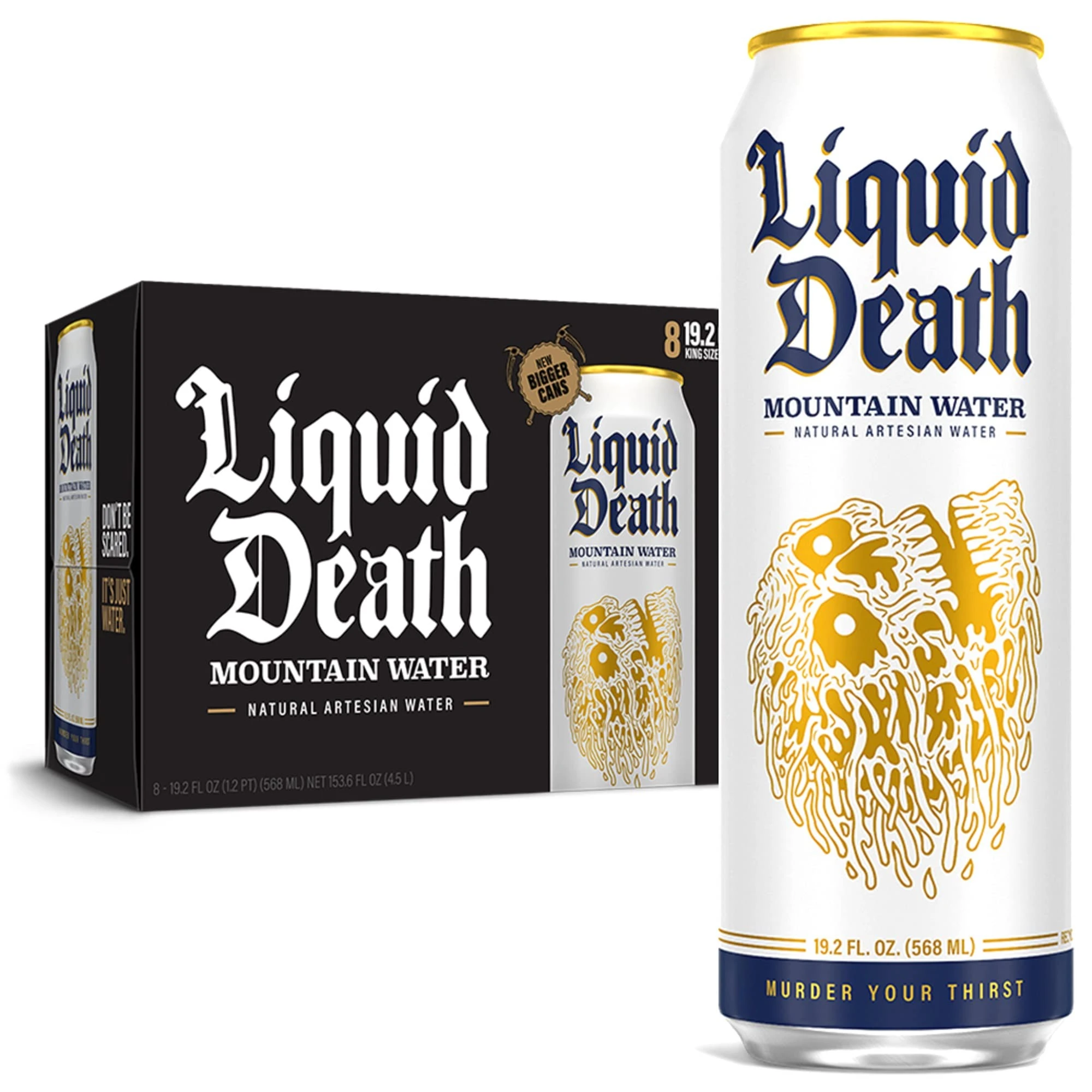 711HRYOW4sL.jpg Liquid Death, Still Mountain Water, Real Mountain Source, Natural Minerals & Electrolytes, 8-Pack (King Size 19.2oz Cans) - Image 1
