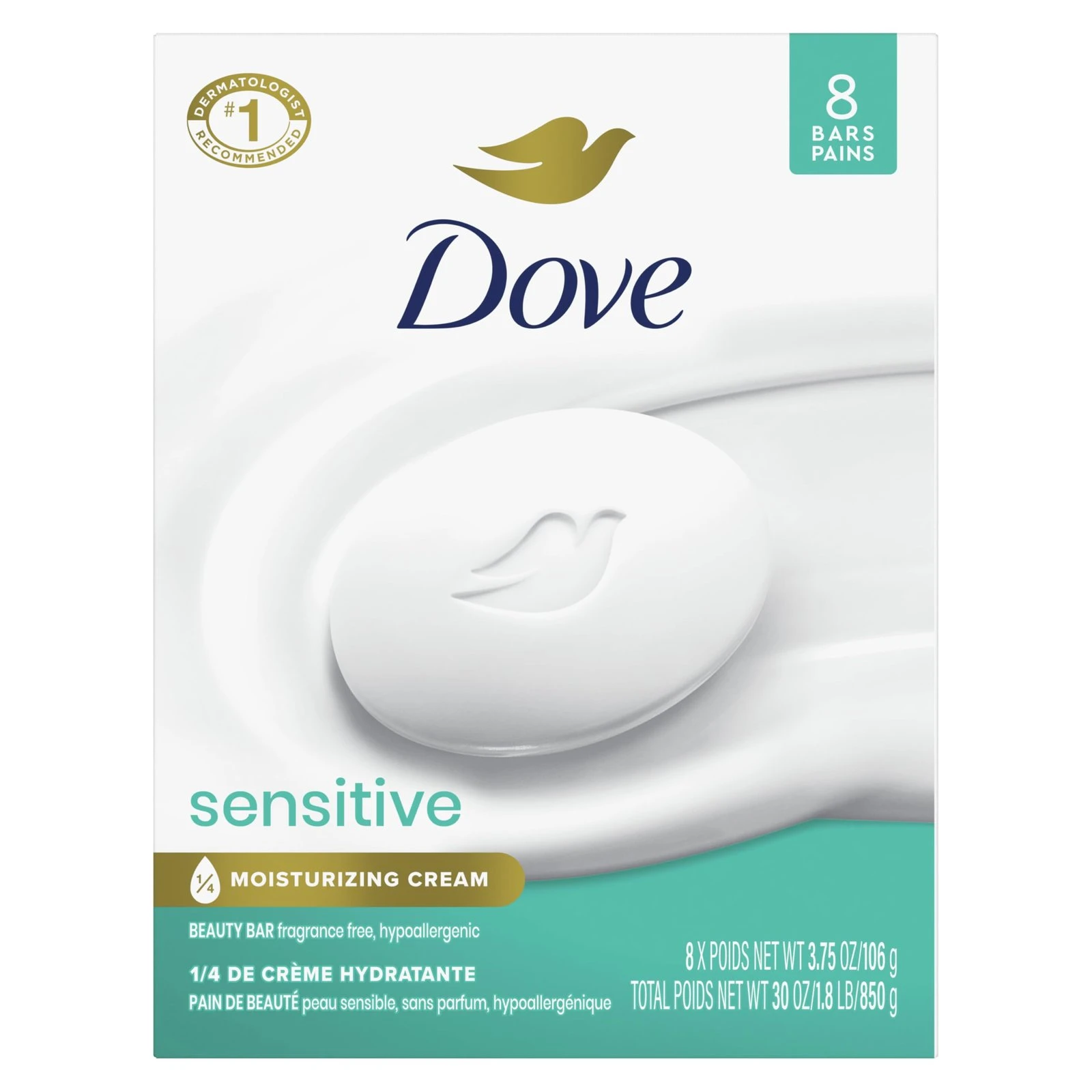 712pSSuh5vL.jpg Dove Beauty Bar Soap Sensitive, 8 Bars for Sensitive Skin, Fragrance Free and Hypoallergenic 3.75 oz - Image 1