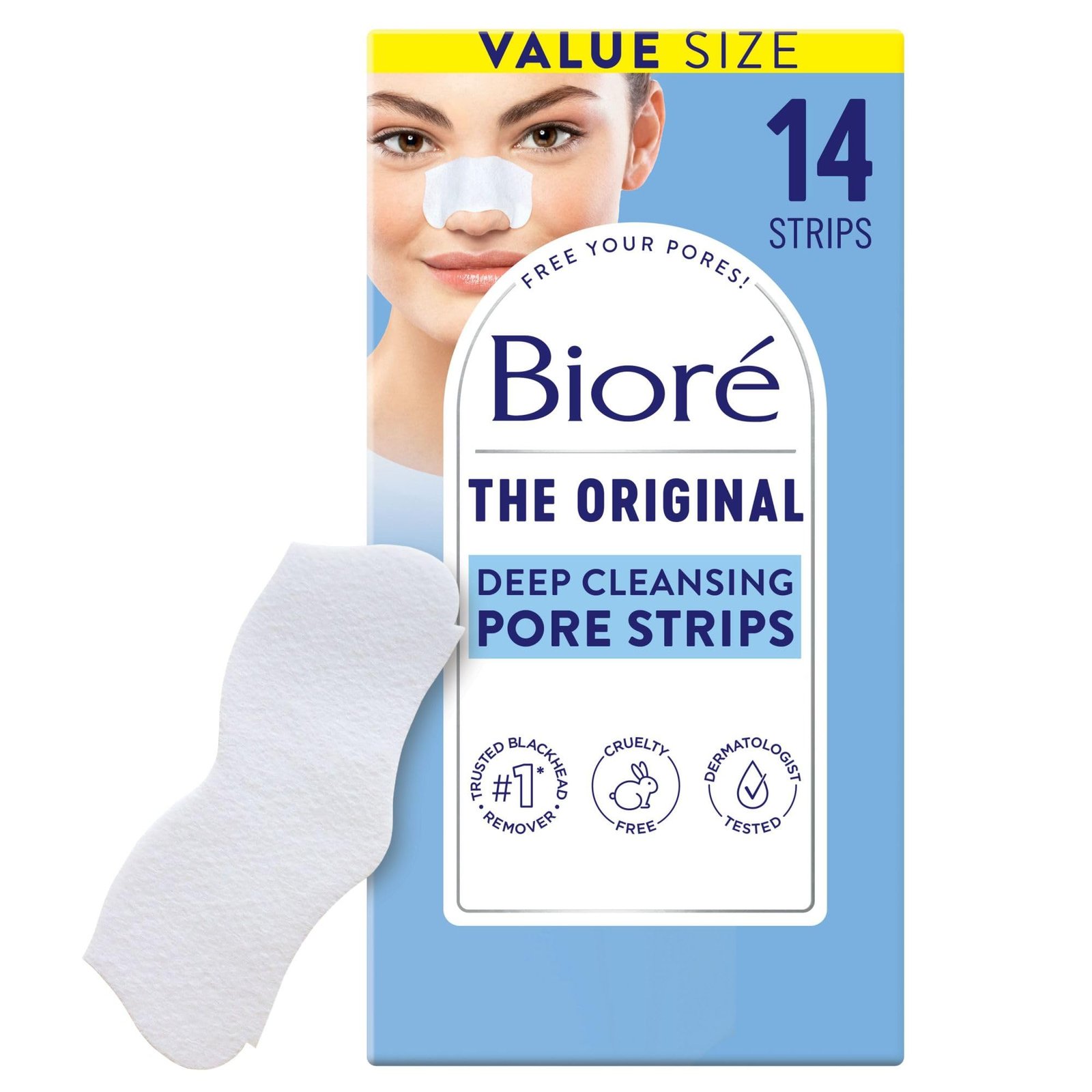 71ETpnXXbFL.jpg Bioré Original Blackhead Remover Strips, Deep Cleansing Nose Strips With Instant Pore Unclogging, Features C-Bond Technology, Oil-Free, Non-Comedogenic Use, 14 Count - Image 1