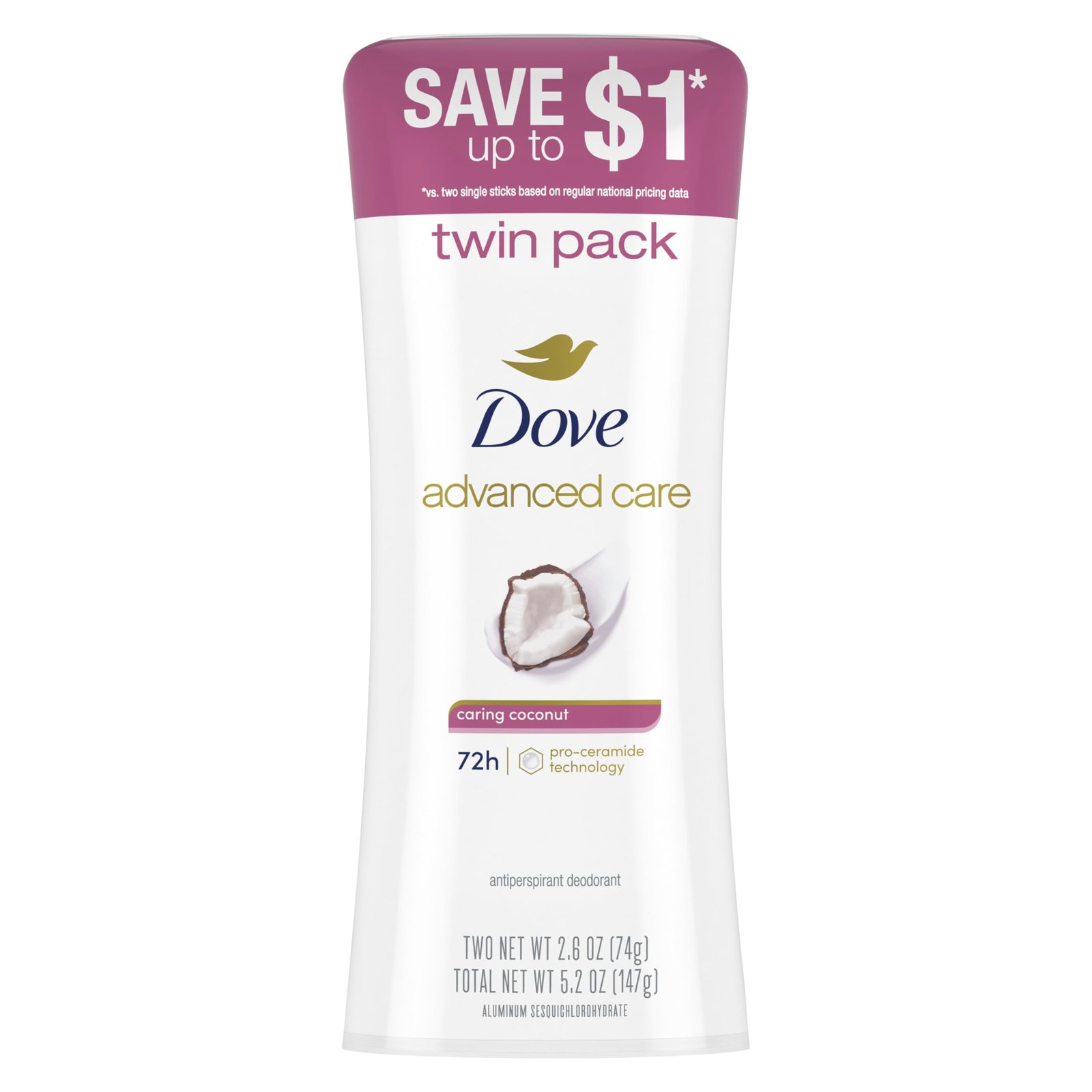 71KEg8XP2cL.jpg Dove Advanced Care Antiperspirant Caring Coconut, 2 Count Deodorant Stick for Women, for 48 Hour Protection And Soft And Comfortable Underarms, 2.6 oz - Image 1