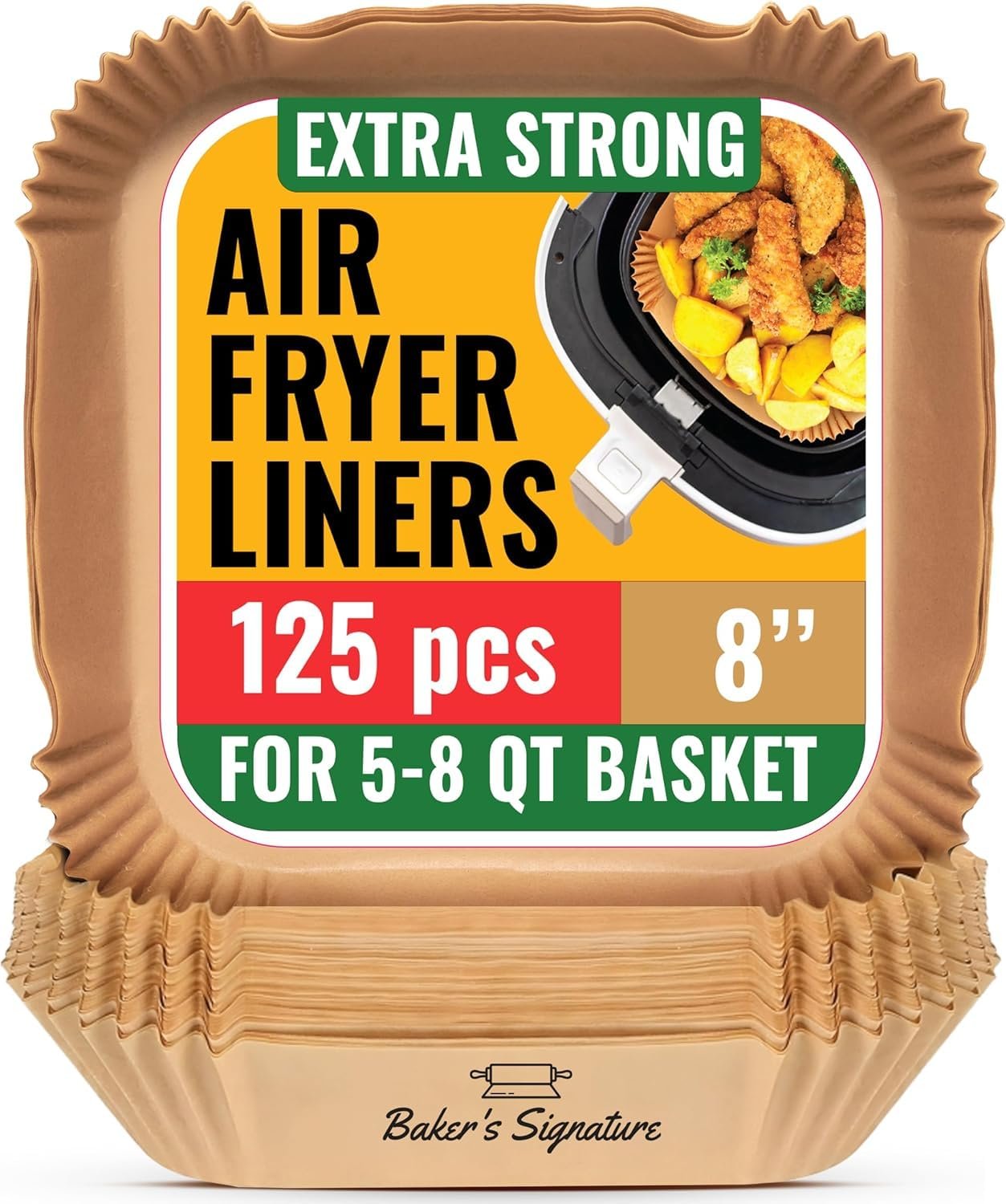 71UBU1kFML.jpg Air Fryer Paper Liners, 125Pcs Air Fryer Disposable Liners, Non-Stick and Oil Proof for Easy Cleanup, 8” Square for 5-8 qt Basket by Baker's Signature - Image 1