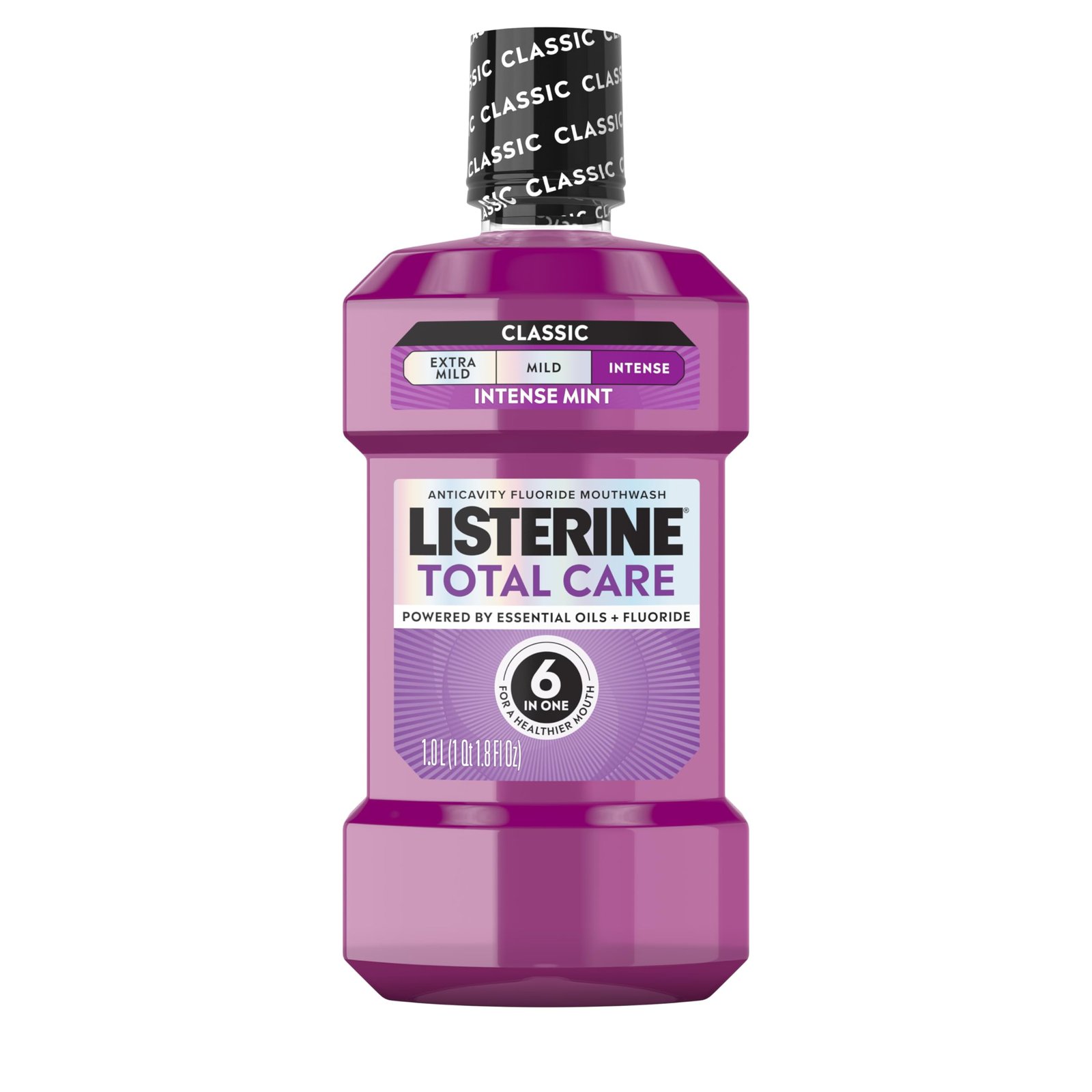 71a2a6chUFL.jpg Listerine Total Care Intense Anticavity Fluoride Mouthwash, 6 Benefits in 1 Oral Rinse Helps Kill 99% of Bad Breath Germs, Prevents Cavities, Provides 360 Clean*, ADA-Accepted, Intense Mint, 1 L - Image 1
