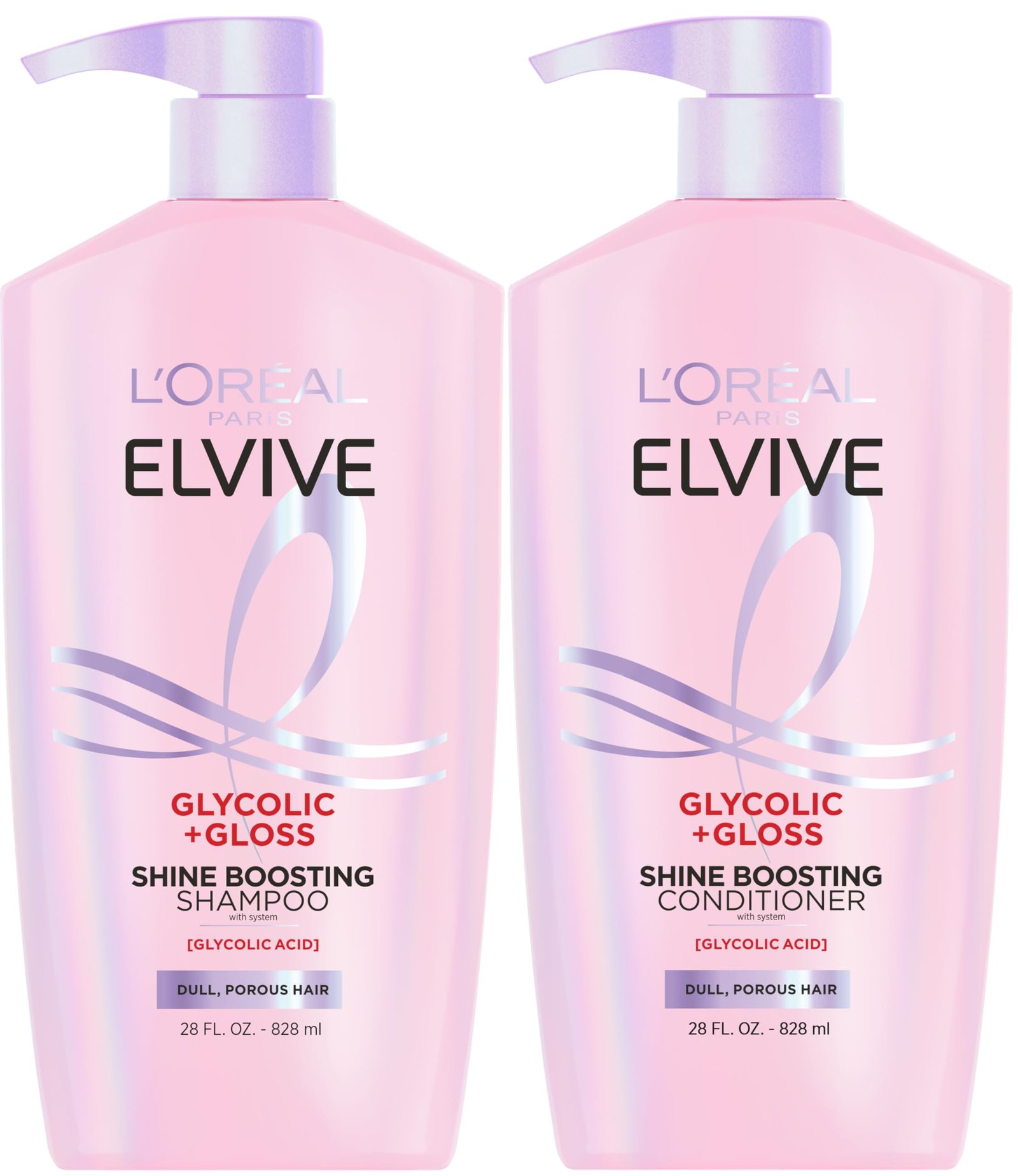 L'Oreal Paris Elvive Glycolic + Gloss Shine Boosting Shampoo and Conditioner Set, Cleanses and Smooths Dull, Porous Hair Into High-Shine, Glossy Hair, 1 Kit