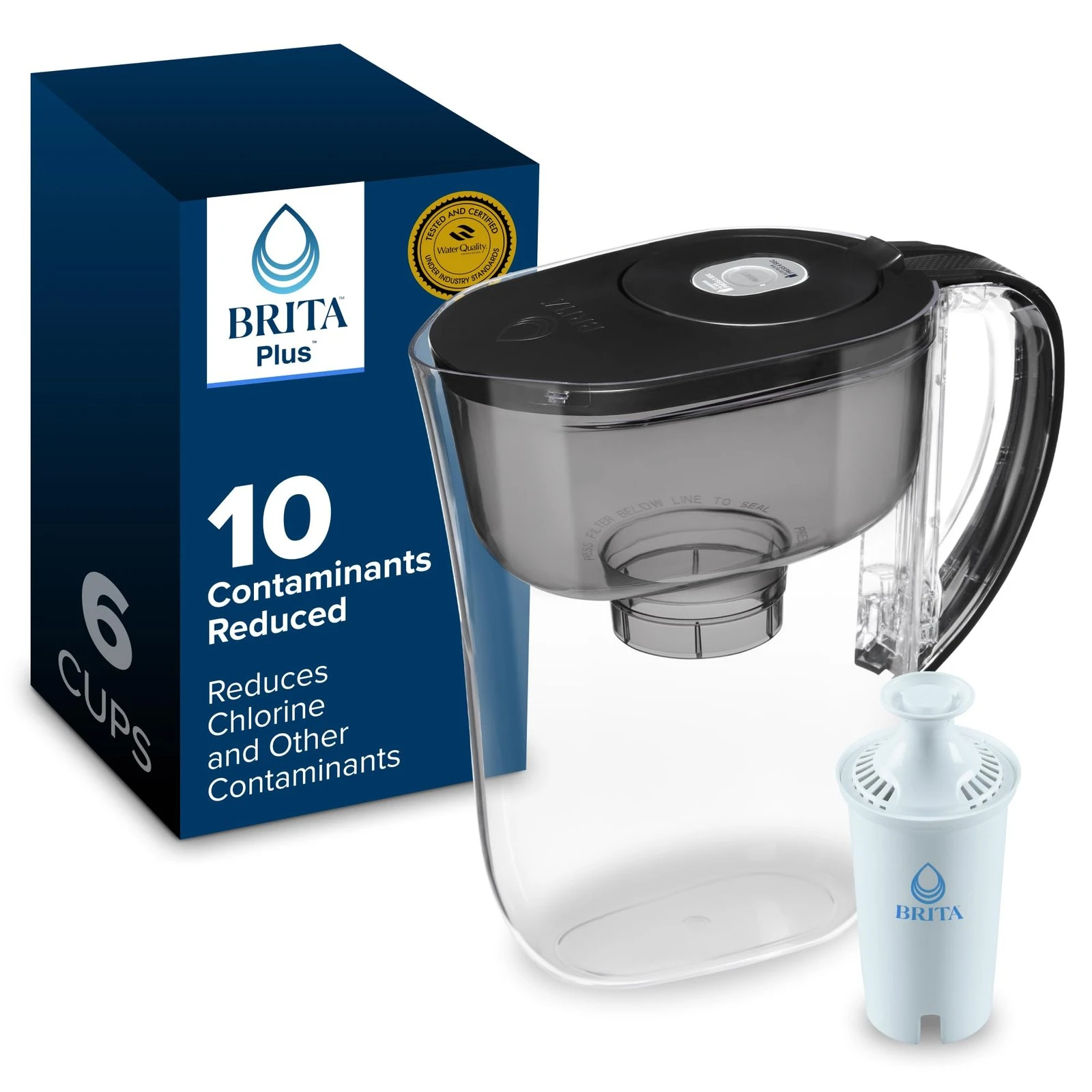 71jxGMD-UtL.jpg Brita Small 6 Cup Water Filter Pitcher, 1 BritaPlus Filter, Metro, Black (Package May Vary) - Image 1