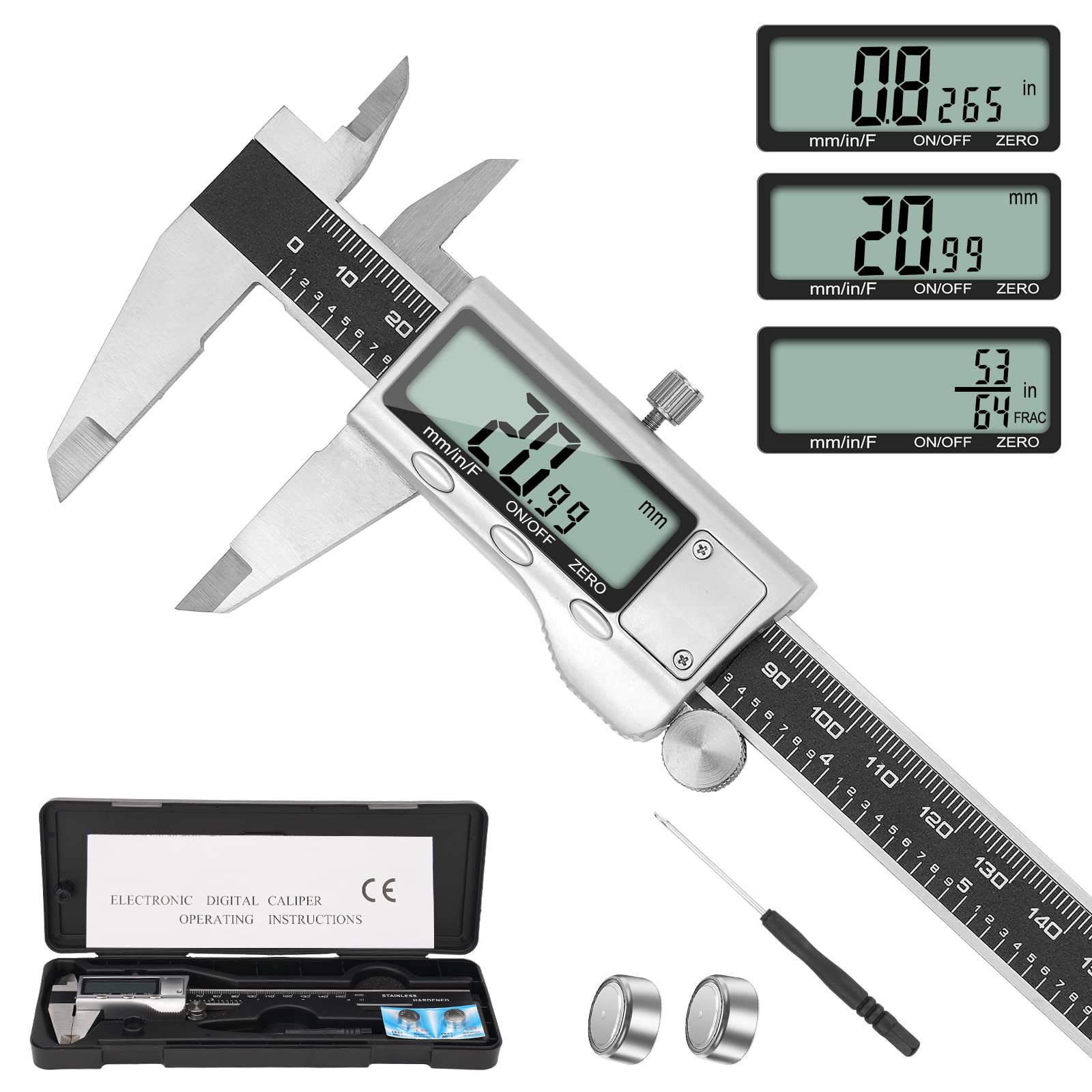 71kCXthwhgL.jpg Digital Caliper Measuring Tool, 6 Inch Caliper Tool with Large LCD Screen, Easy Switch from Inch Millimeter Fraction, Stainless Steel Vernier Caliper Digital Micrometer for DIY/Household - Image 1