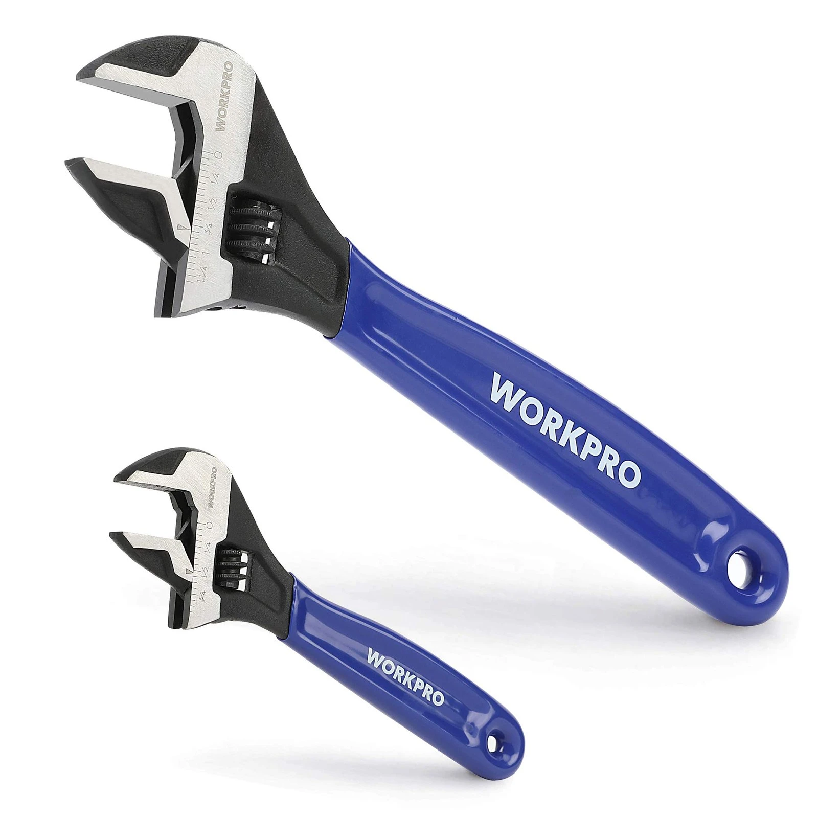 71sP4V5wj4L.jpg WORKPRO 2-Piece Adjustable Wrench Set, 6-Inch & 10-Inch Wide Jaw Black Oxide Wrench, Cr-V Steel, Metric & SAE Scales, Max Jaw Opening 15/16" & 1-5/16", for Home Repairs, Plumbing, Garage Work - Image 1