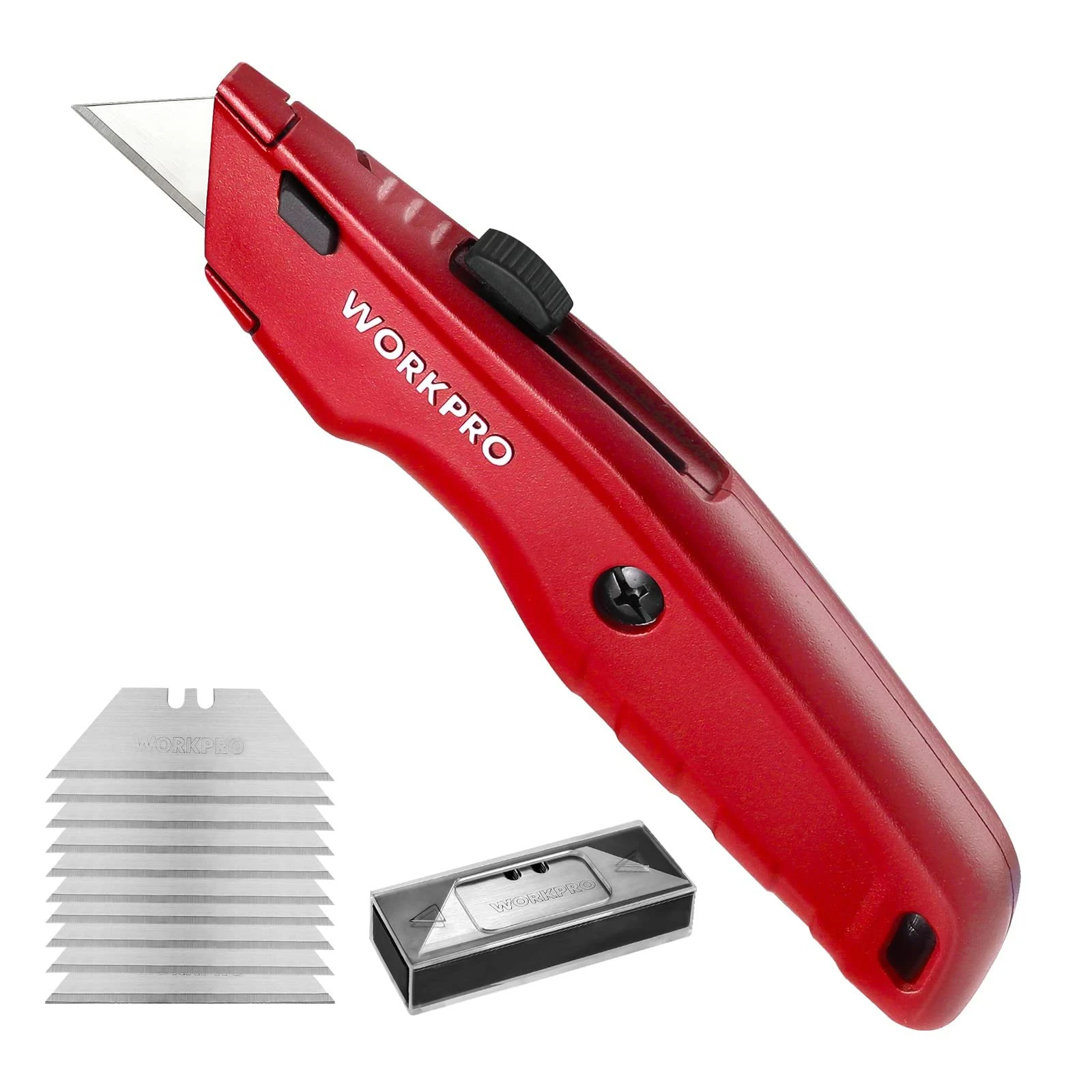 71vDElw8ywL.jpg WORKPRO Premium Utility Knife, Retractable All Metal Heavy Duty Box Cutter, Quick Change Blade Razor Knife, with 10 Extra Blades - Image 1
