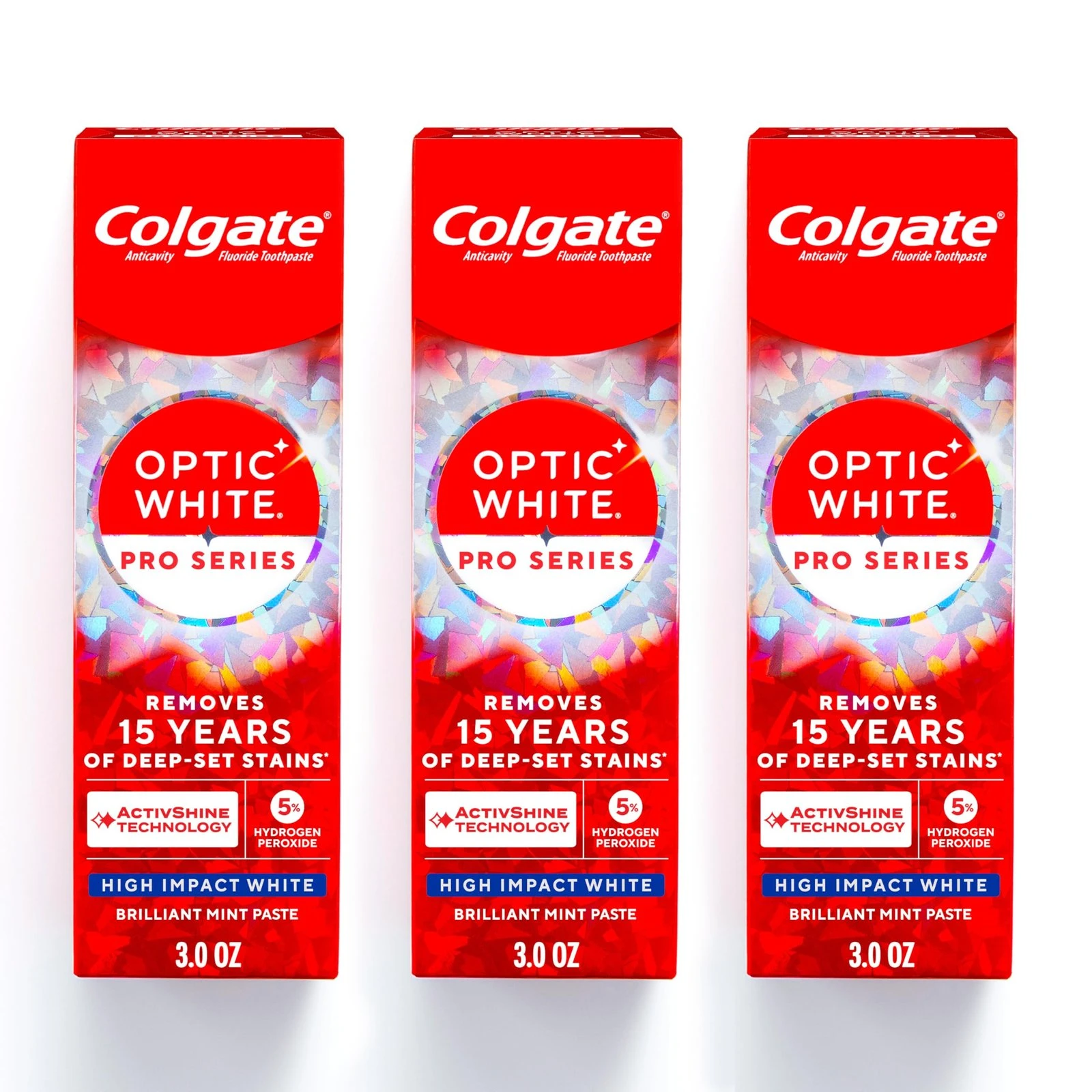 819AcMR6NyL.jpg Colgate Optic White Pro Series High Impact White, 3 Pack, Teeth Whitening Toothpaste with 5% Hydrogen Peroxide and ActivShine, Brilliant Mint Flavor, 3.0 OZ - Image 1