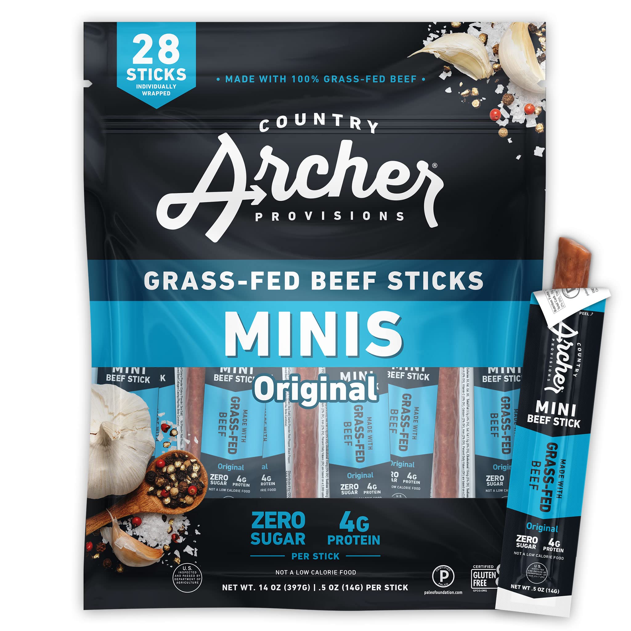 81Bdeoaoy9L.jpg Original Mini Jerky Beef Sticks by Country Archer, 100% Grass-Fed, Gluten Free, High Protein Snacks, 5 Ounce, 28 Count - Image 1