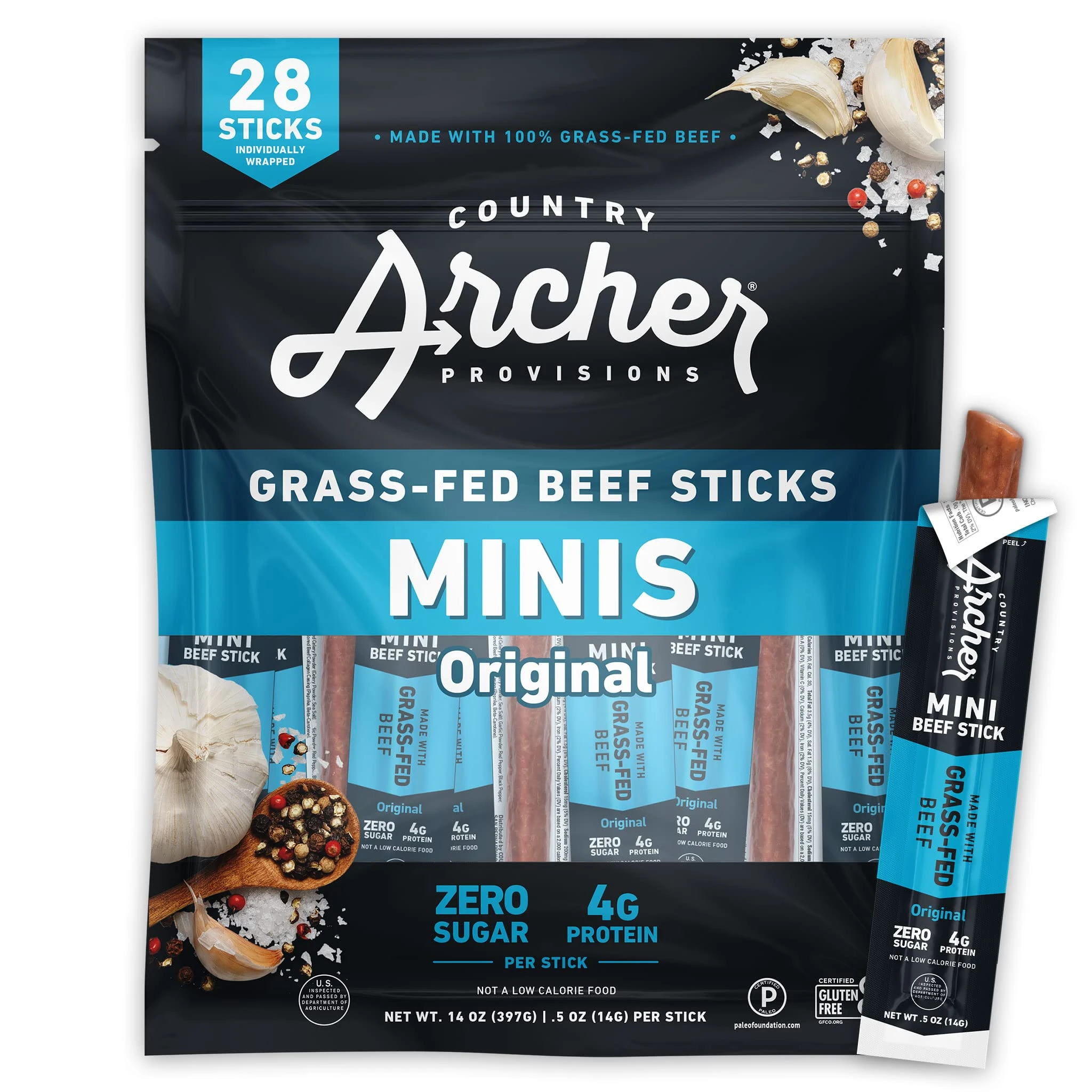81Bdeoaoy9L.jpg Original Mini Jerky Beef Sticks by Country Archer, 100% Grass-Fed, Gluten Free, High Protein Snacks, 5 Ounce, 28 Count - Image 1