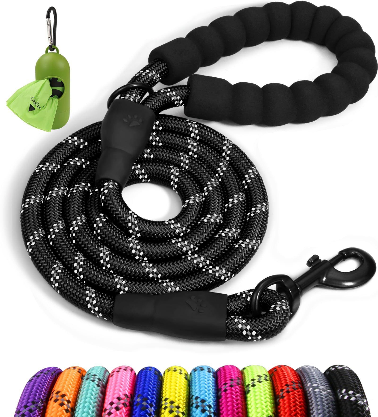 Taglory Rope Dog Leash 6 FT with Comfortable Padded Handle, Highly Reflective Threads Leash for Medium Large Dogs, 1/2 inch, Black