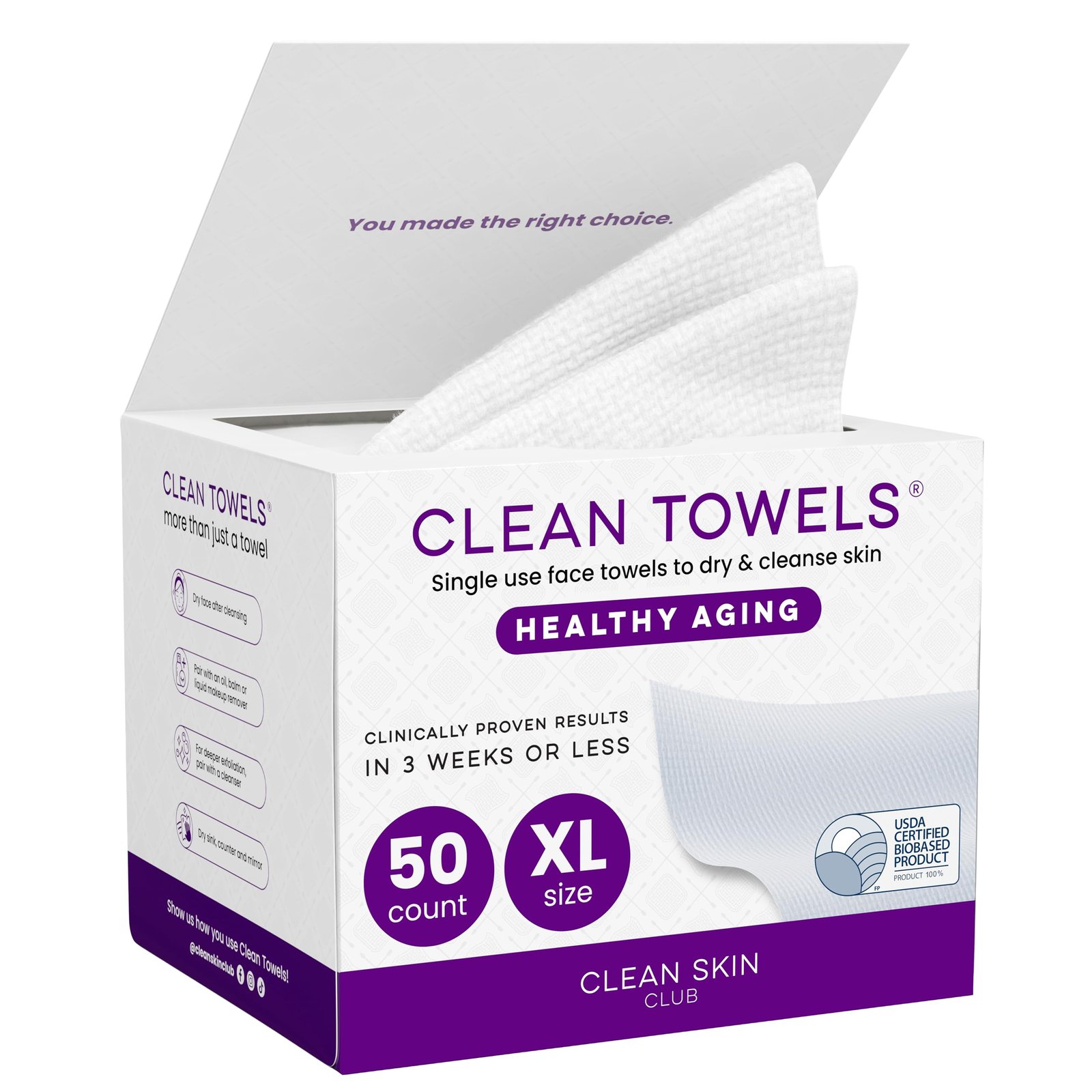 81QoA82niLL.jpg Clean Skin Club Healthy Aging Clean Towels® XL, Smooths Fine Lines Wrinkles & Texture in 6 weeks, Treated for Extra Softness, Disposable Face Towels, Anti Aging Makeup Remover Dry Wipe, 50 count - Image 1