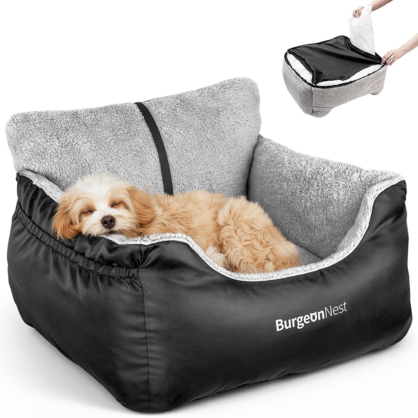81QozuzsmfL.jpg BurgeonNest Dog Car Seat for Small Dogs, Soft Pet Car Travel Home Bed Under 25 lbs, Fully Detachable and Washable Cat Booster Carseats with Storage Pockets and Clip-On Leash Portable Carrier,Black - Image 1