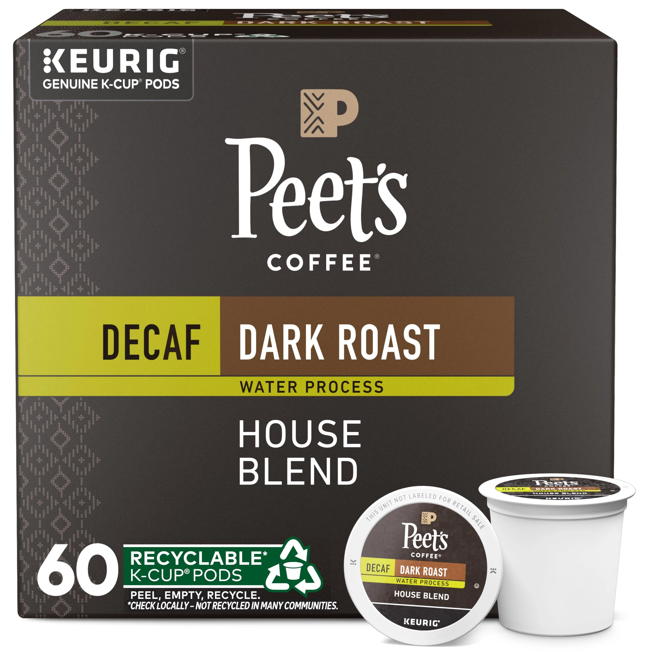 Version 1.0.0 Peet's Coffee, Dark Roast Decaffeinated Coffee K-Cup Pods for Keurig Brewers - Decaf House Blend , 10 count (Pack of 6) - Image 1
